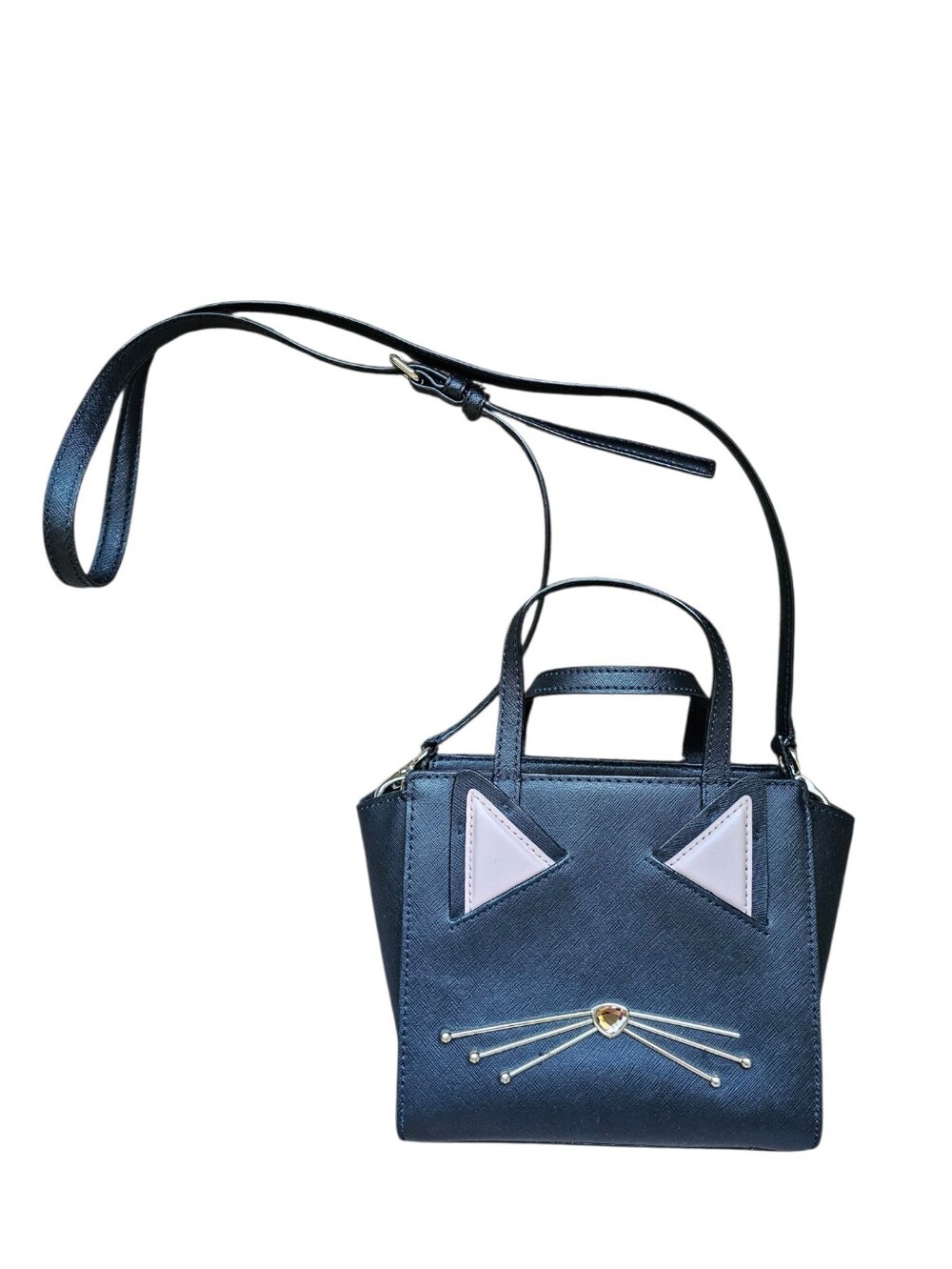 Kate Spafe Black Mini Cat-Accent Crossbody Bag with Pink Ears